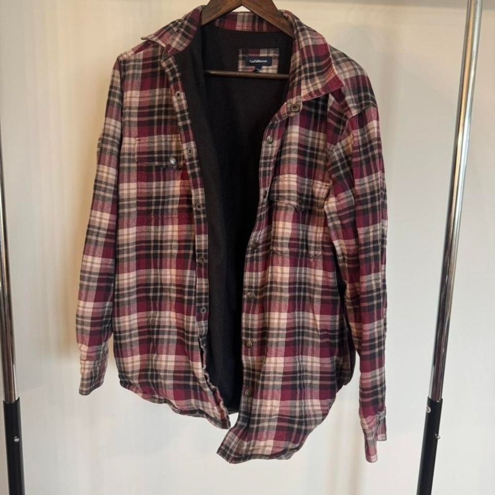Heavy Duty Flannel Jacket Red Tan Black Button Up Size Medium 100% Cotton Winter